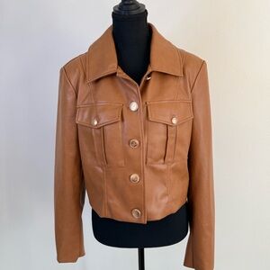 7 For All Mankind Cropped Faux Leather Jacket Tan Gold Buttons Large